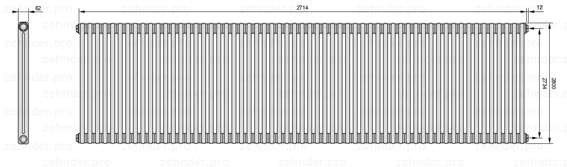Схема (чертеж) Радиатор Zehnder Charleston 2280/59 №7610 Белый глянцевый RAL 9016